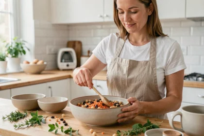 Femme préparant un bol de légumineuses colorées dans une cuisine moderne pour un régime minceur