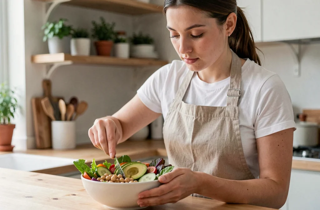 Femme préparant un bol de salade équilibrée avec avocat et pois chiches pour favoriser l'amincissement