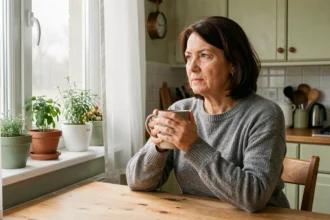 Femme d'une quarantaine d'années tenant une tasse de thé à la cuisine, regard pensif vers la fenêtre, illustrant le quotidien avec un Zonivizectrum