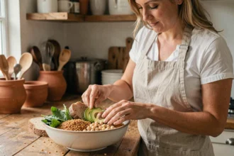Femme préparant un bol de fibres alimentaires avec légumineuses, avocat et céréales complètes dans une cuisine rustique