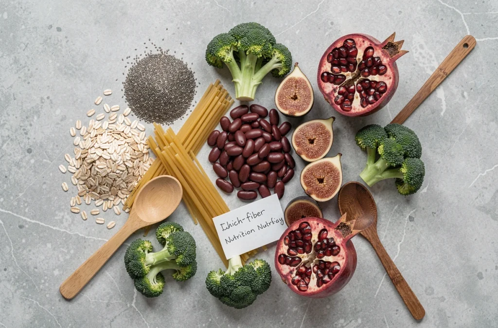 Vue de dessus d'une sélection d'aliments riches en fibres alimentaires disposés sur une surface en pierre grise