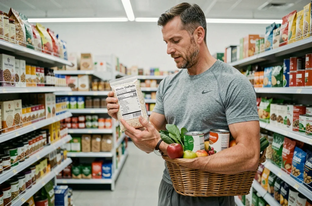 Homme lisant les étiquettes nutritionnelles dans un supermarché bio avec des aliments riches en fibres dans son panier