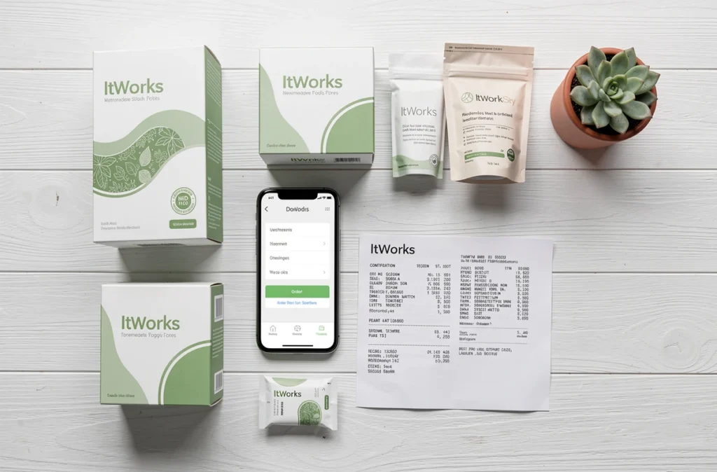 Flat lay de produits ItWorks commandés en ligne avec confirmation d'achat sur smartphone