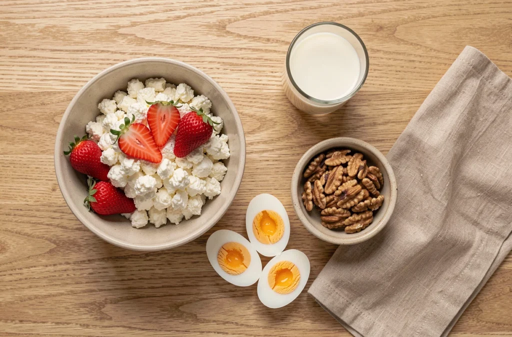 Vue aérienne d'un petit-déjeuner riche en protéines avec fromage blanc, œufs durs, noix et lait d'amande sur une table en bois