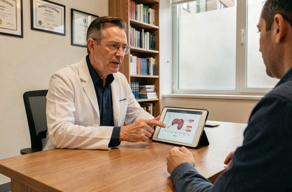 Gastro-entérologue expliquant l'évolution de la bilirubine conjuguée sur un graphique hépatique