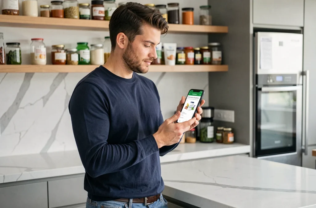 Homme consultant une boutique en ligne ItWorks sur smartphone dans une cuisine moderne