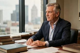 Portrait d'un homme distingué aux cheveux gris en costume sombre, assis à un bureau encombré de livres, regard pensif vers une fenêtre urbaine