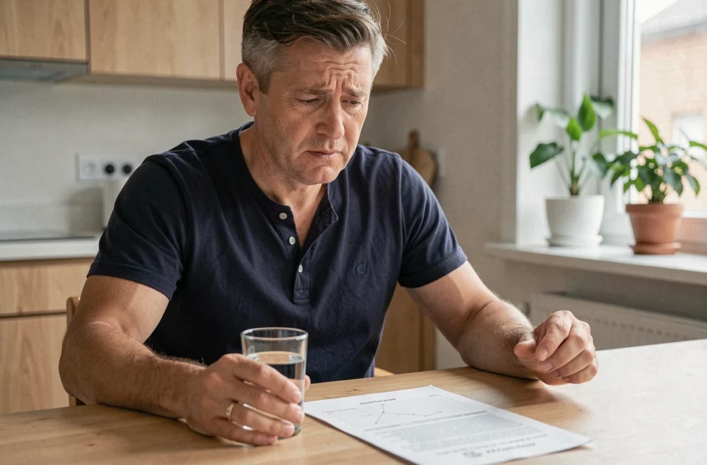 Homme consultant ses résultats d'analyses biologiques avec un taux de GGT élevé à son domicile