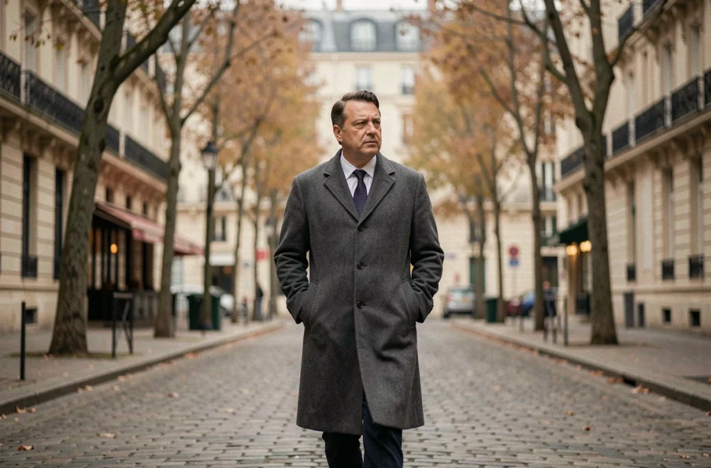 Homme en manteau gris marchant seul dans une rue parisienne aux facades haussmanniennes, expression pensive et introspective en automne