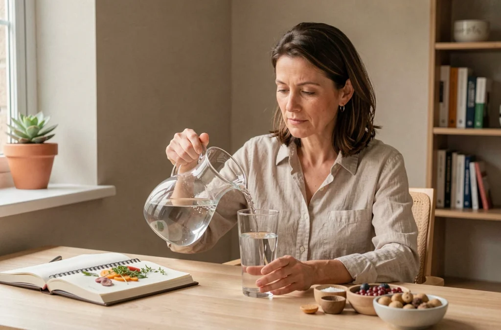 Femme versant de l'eau d'une carafe en verre à son bureau avec un journal alimentaire, symbolisant l'hydratation consciente dans un régime minceur