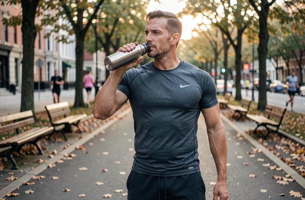 Homme qui s'hydrate avec une gourde en acier inoxydable lors d'une course à pied en ville, dans le cadre d'un programme minceur