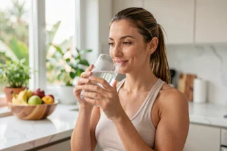 Femme qui boit un grand verre d'eau après l'entraînement dans une cuisine moderne, illustrant l'hydratation dans un programme minceur