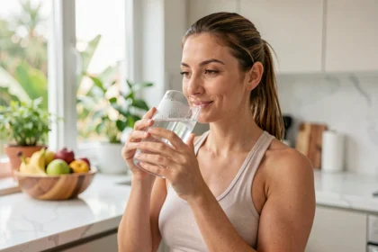 Femme qui boit un grand verre d'eau après l'entraînement dans une cuisine moderne, illustrant l'hydratation dans un programme minceur
