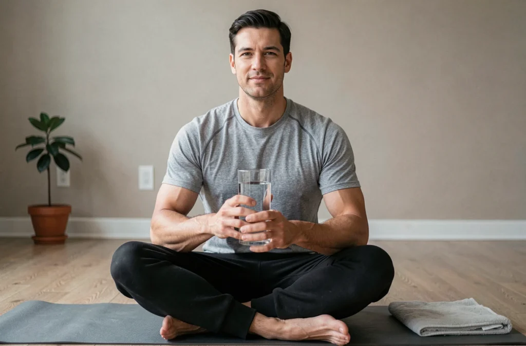 Homme pratiquant la pleine conscience et s'hydratant après le sport pour adopter une bonne hygiène de vie et réduire les Gamma GT