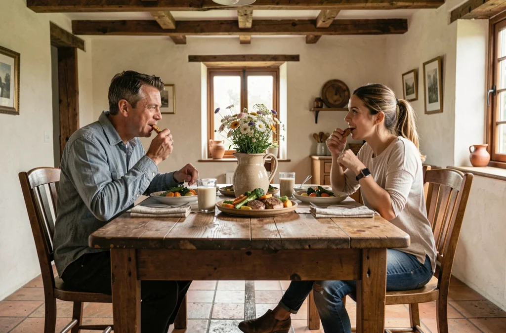 Couple mangeant lentement ensemble un repas sain et équilibré dans une salle à manger rustique