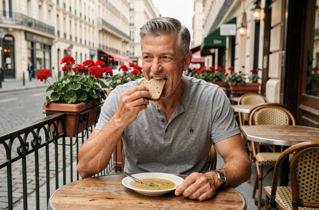 Homme mangeant lentement en terrasse de café parisien avec une soupe et du pain complet