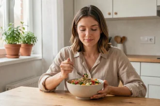 Femme mangeant lentement et consciemment un repas équilibré dans une cuisine scandinave lumineuse