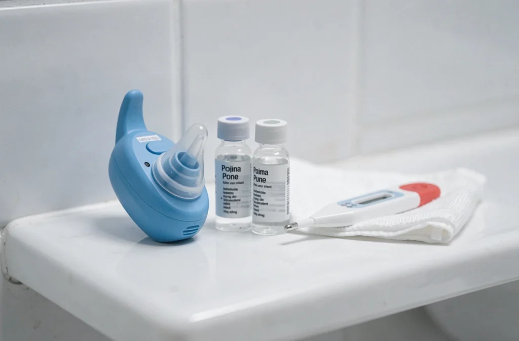 Matériel de soin pour nourrisson incluant des unidoses de sérum physiologique et un mouche-bébé sur une étagère de salle de bain