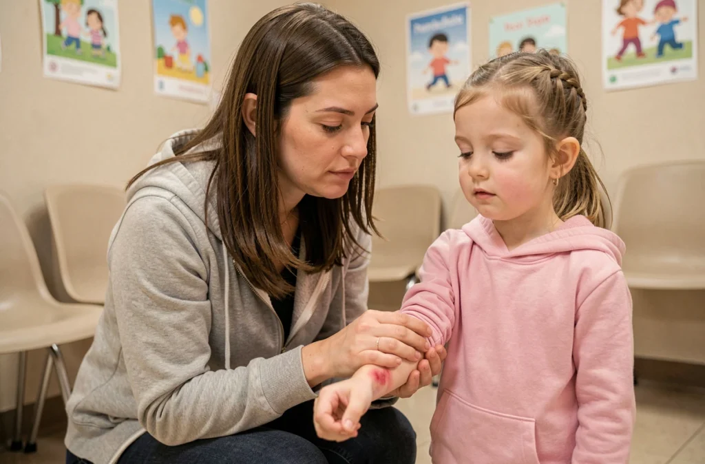 Mère examinant une éruption cutanée sur le bras de sa fille dans une salle d'attente pédiatrique, signe possible d'allergie alimentaire aux oignons