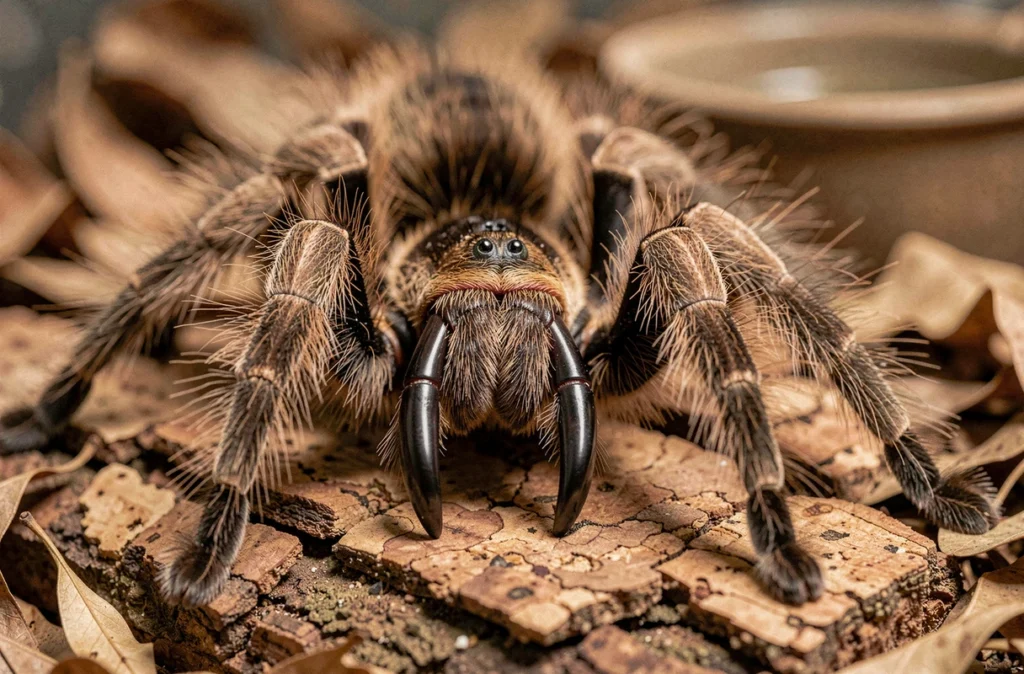 Gros plan macro sur les crochets et chélicères d'une mygale vivante dans un terrarium naturaliste