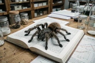 Mygale tarentule posée sur un manuel scientifique ouvert dans un laboratoire d'entomologie universitaire