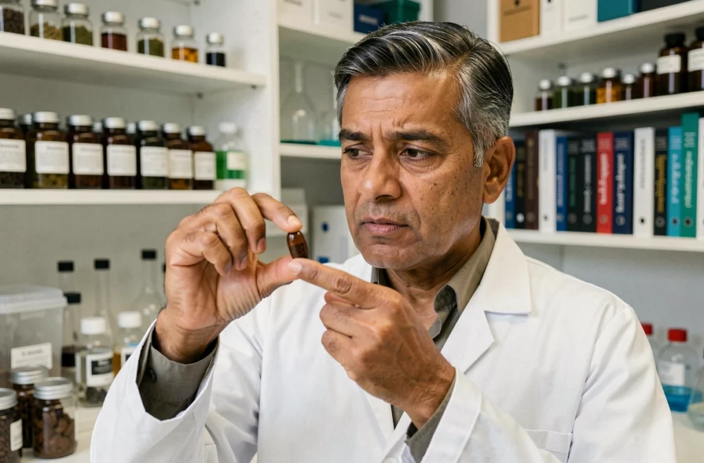 Nutritionniste examinant une capsule de shilajit en laboratoire évaluant la qualité et la pureté du complément alimentaire bio