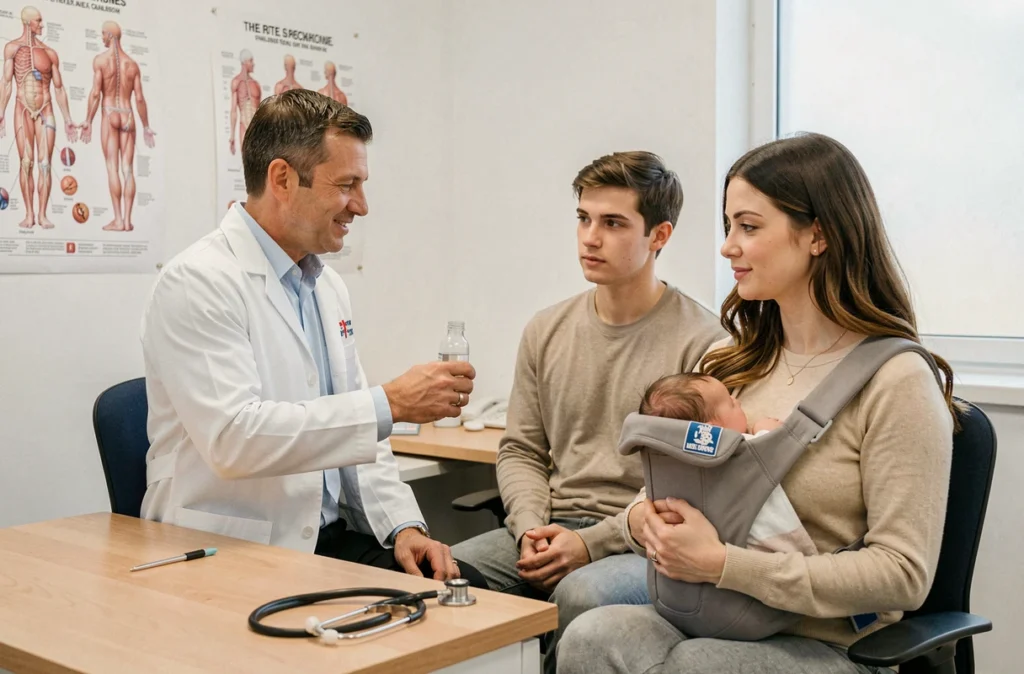 Pédiatre expliquant l'utilisation du sérum physiologique à de jeunes parents en consultation médicale avec leur nourrisson