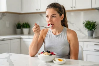 Femme mangeant un petit-déjeuner riche en protéines avec yaourt grec, fruits rouges et œuf à la coque dans une cuisine moderne