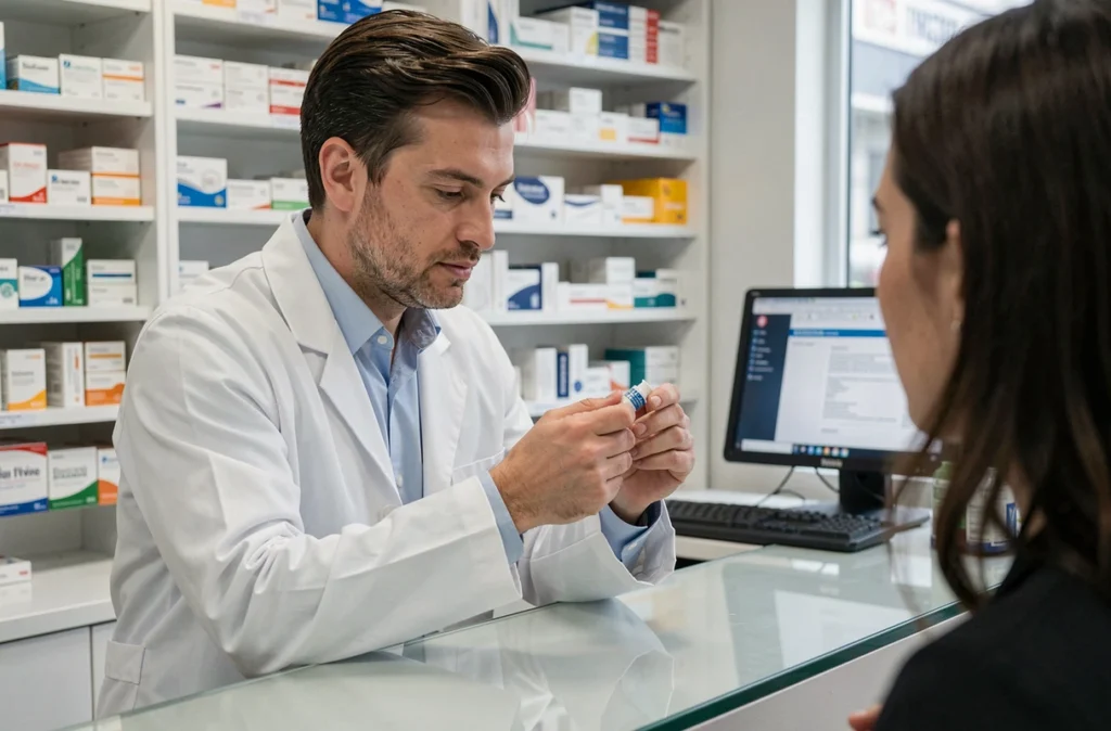 Pharmacien expliquant à un patient comment appliquer correctement une pommade ophtalmique
