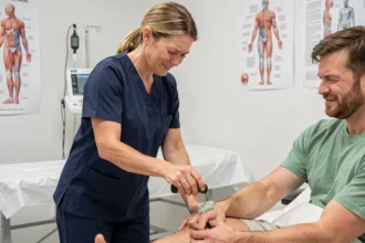 Kinésithérapeute appliquant un gel de phytargile concentré sur le genou d'un patient en rééducation dans une clinique moderne