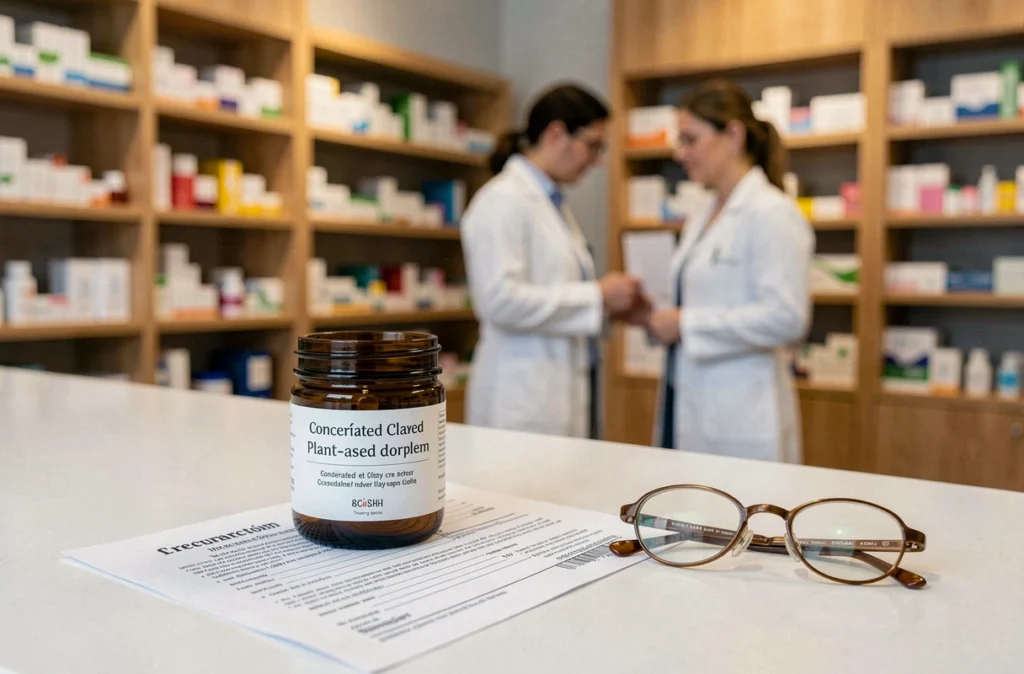 Pot de phytargile concentrée posé sur un comptoir de pharmacie à côté d'une ordonnance médicale
