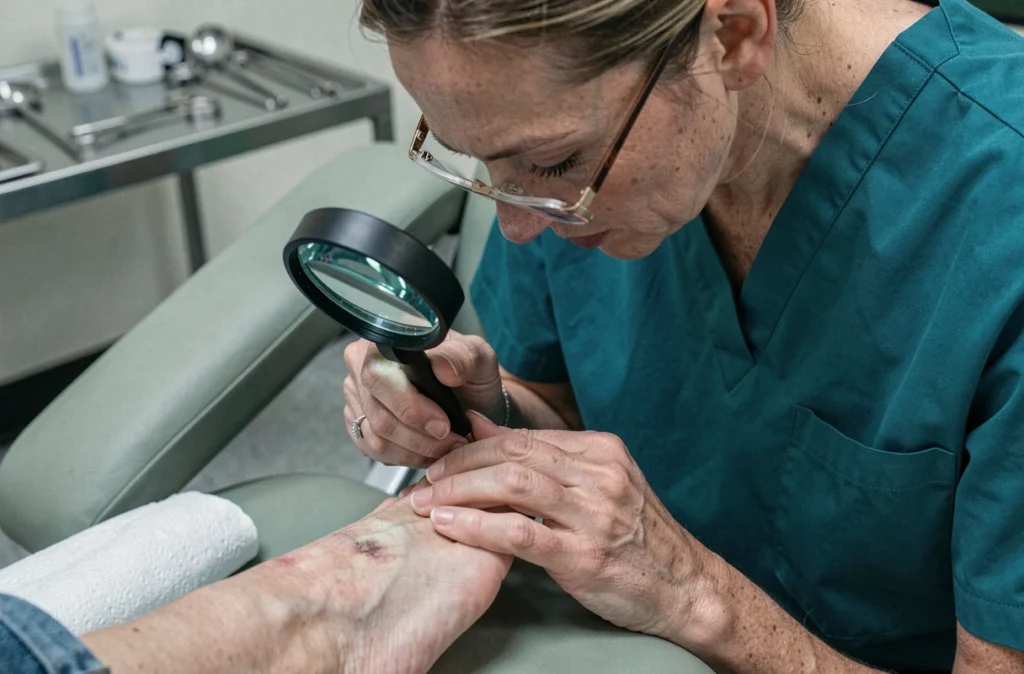 Podologue inspectant une atteinte de la matrice de l'ongle du pied en cabinet spécialisé