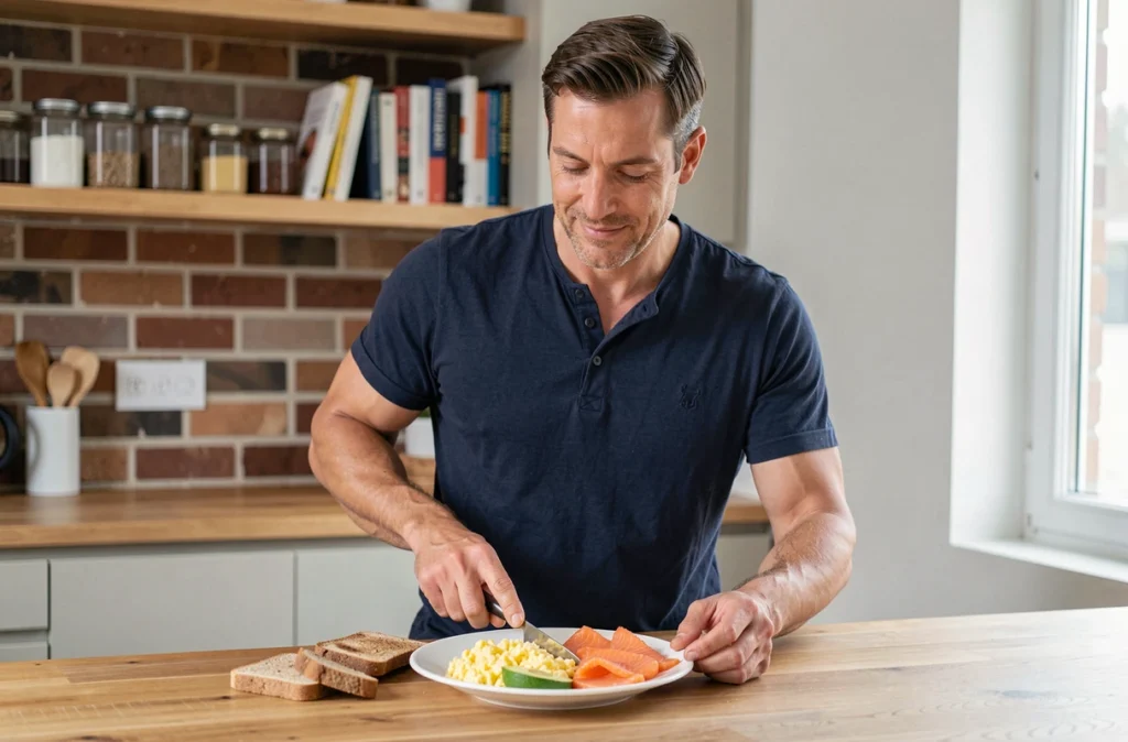 Homme préparant un petit-déjeuner protéiné avec œufs brouillés, saumon fumé et avocat sur un comptoir de cuisine contemporaine