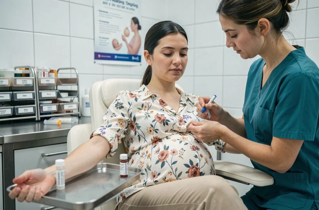 Une femme enceinte lors d'une prise de sang prénatale, avec une infirmière qui effectue le prélèvement dans un laboratoire médical