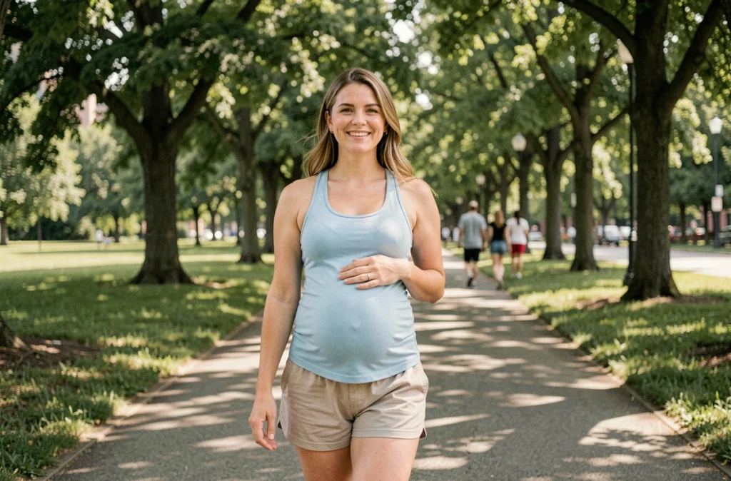 Femme enceinte se promenant paisiblement dans un parc urbain arboré en tenue de sport confortable