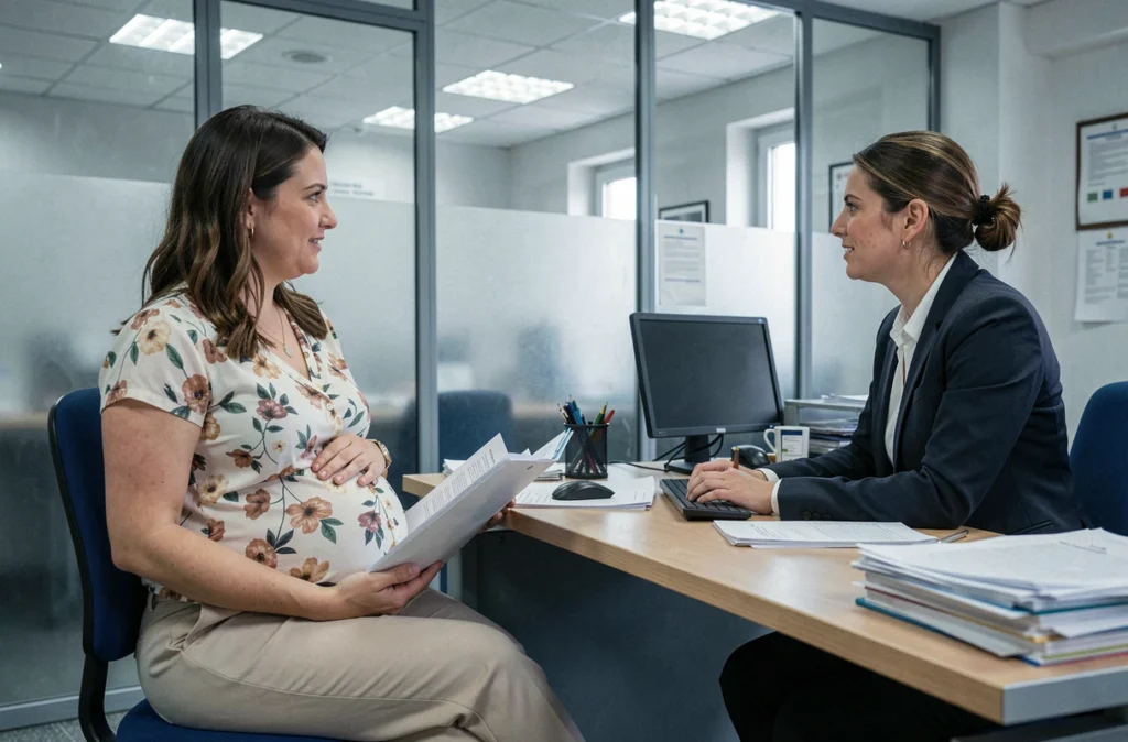 Femme enceinte en rendez-vous administratif dans un bureau de la CAF ou de la Sécurité sociale