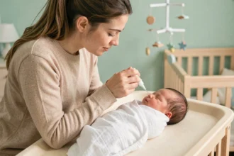 Mère administrant du sérum physiologique à son nourrisson sur une table à langer dans une chambre de bébé lumineuse