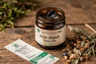 Pot en verre ambré contenant du shilajit pur bio posé sur une surface en bois rustique avec des herbes séchées et un label de certification organique