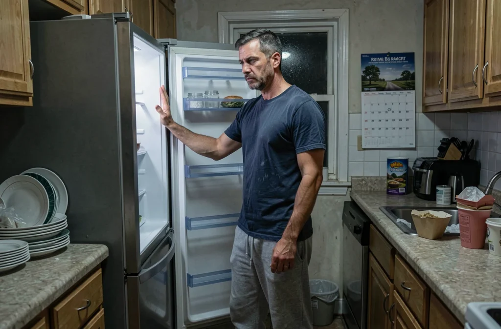 Homme en surpoids ouvrant le réfrigérateur la nuit sous l'effet du stress chronique et des troubles alimentaires