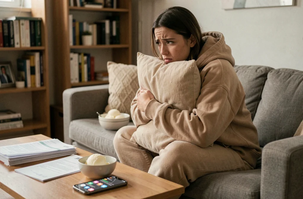 Jeune femme anxieuse mangeant de la glace seule chez elle, représentant le grignotage émotionnel lié au stress