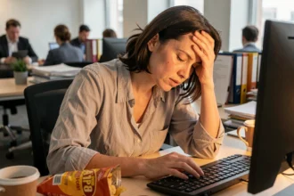 Femme stressée au bureau mangeant des chips par anxiété, illustrant le lien entre stress et prise de poids