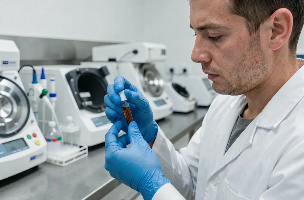 Technicien de laboratoire analysant un tube de sang pour mesurer la bilirubine directe conjuguée