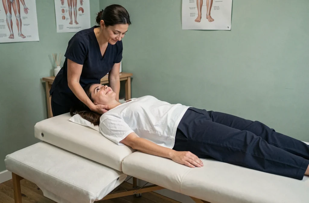 Patiente allongée sur une table d'ostéopathie recevant un traitement crânien pour relâcher les tensions et le stress