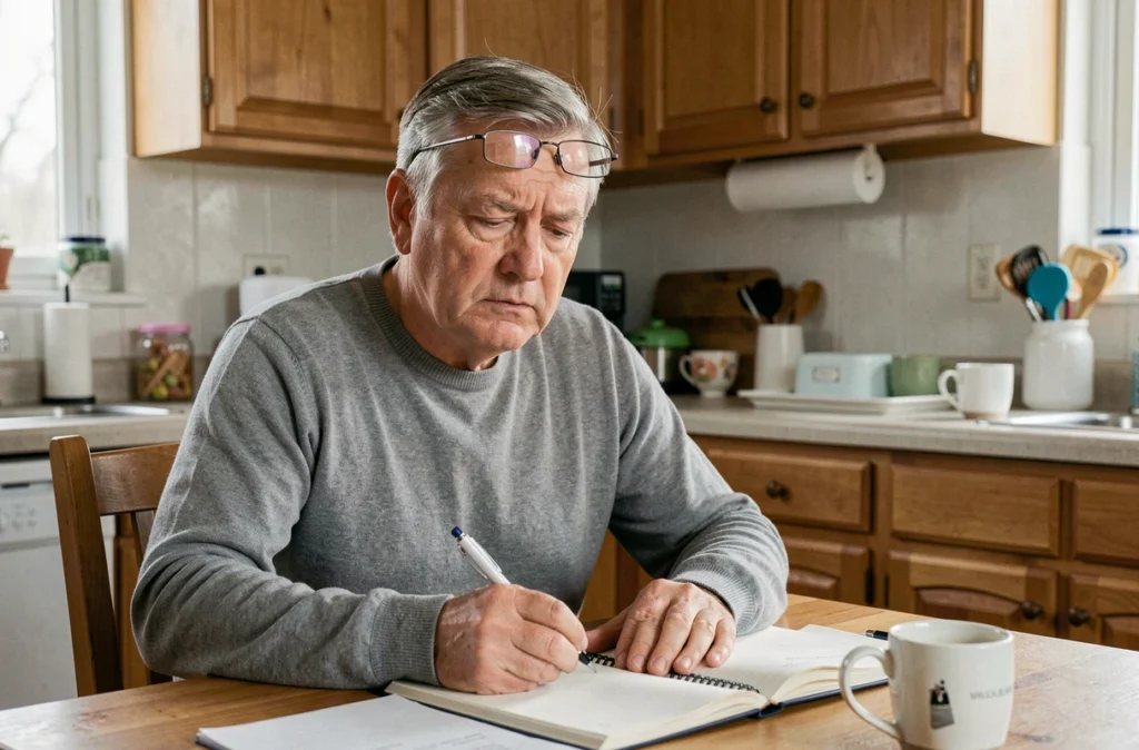 Homme d'une cinquantaine d'années assis dans sa cuisine, fixant un carnet vide avec une expression de trou de mémoire et de confusion post-anesthésique