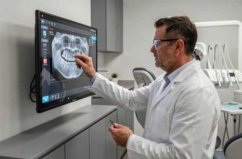 Dentiste analysant une radiographie au Centre Dentaire Saint-Étienne Dentego
