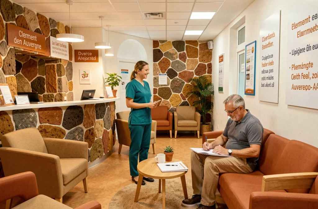 Salle d'attente chaleureuse du Centre de Santé Dentaire de Clermont-Ferrand avec accueil