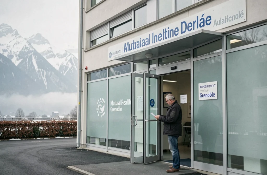 Facade du Centre de Santé Dentaire Grenoble Mutualiste avec les Alpes en arrière-plan