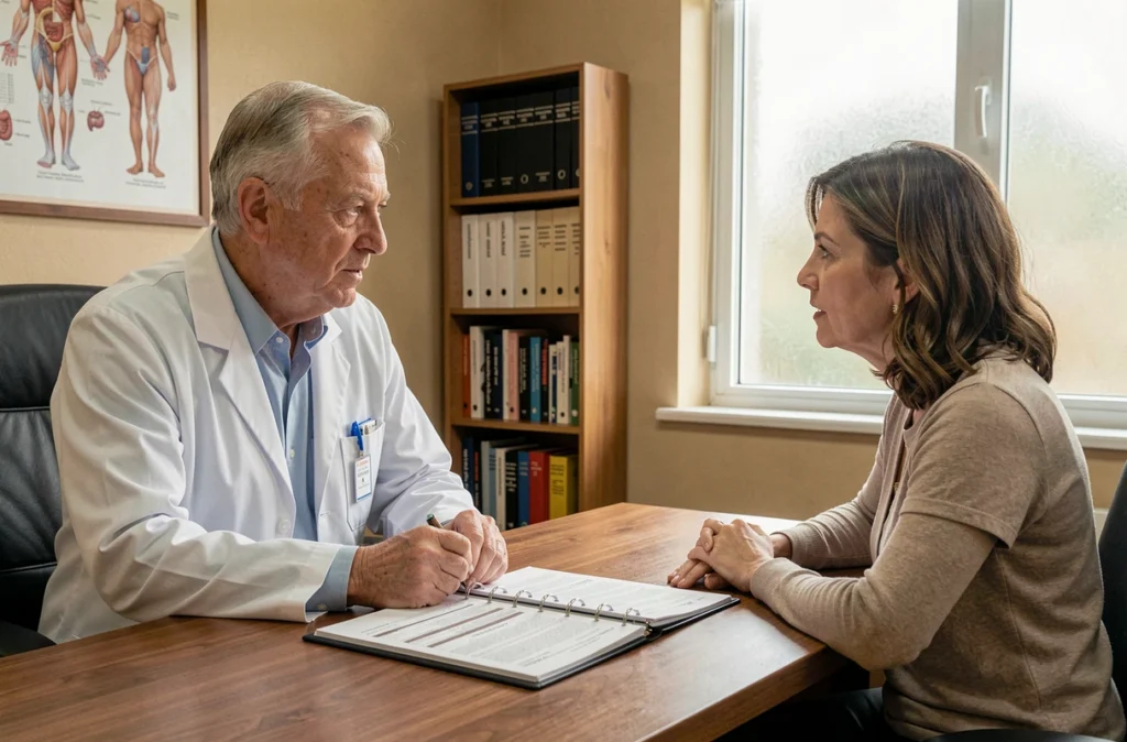 Médecin gastroentérologue expliquant les résultats du marqueur CA 19-9 à une patiente lors d'une consultation médicale