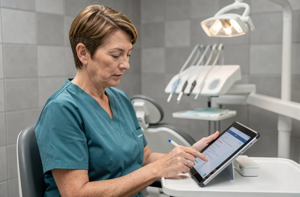 Orthodontiste femme consultant un dossier patient sur tablette dans son cabinet à Montreuil