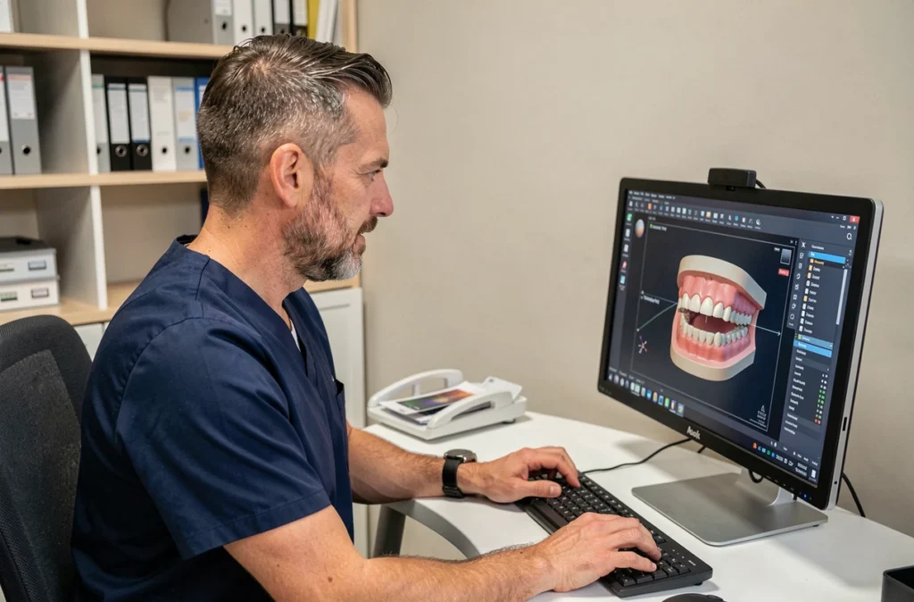 Orthodontiste masculin analysant un modèle dentaire 3D dans son cabinet à Rosny-sous-Bois